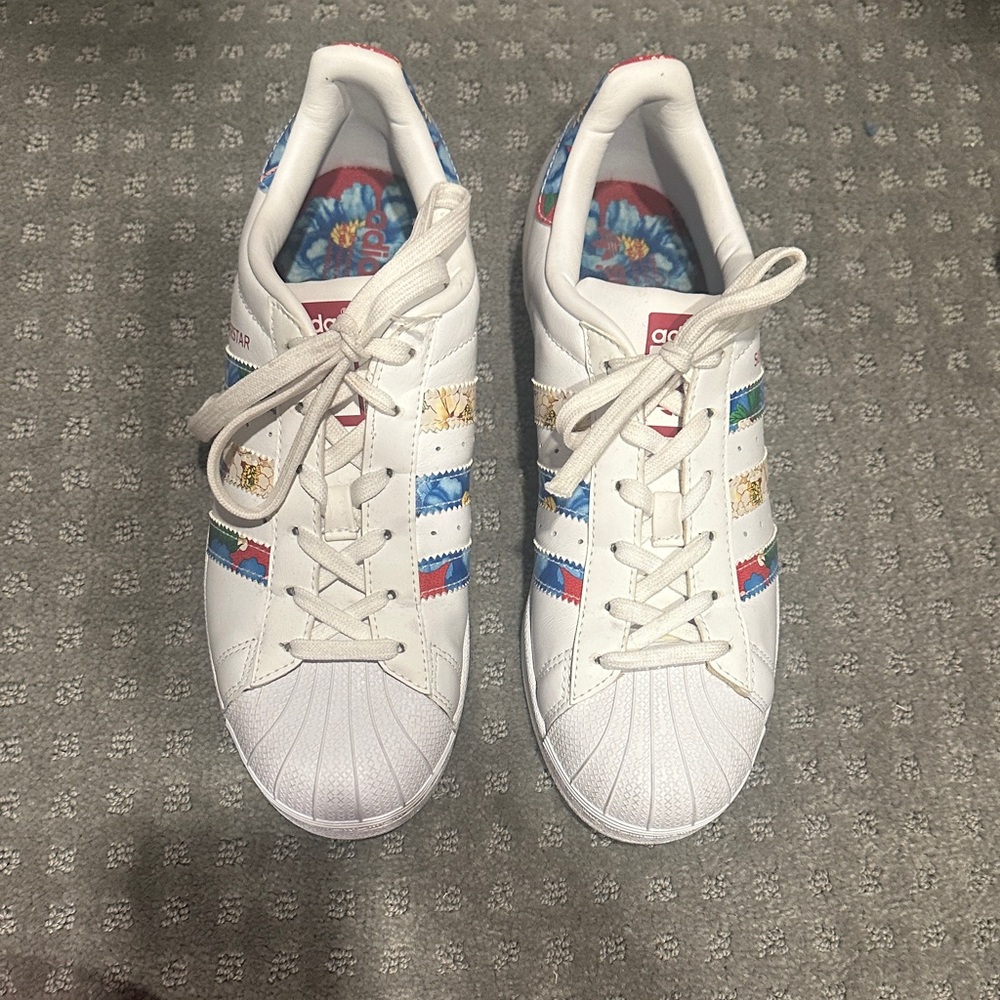 Adidas White Sneakers with Colorful Floral Stripes